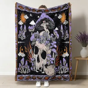 1pc Boho Skull Mushroom & Celestial Print Flannel Fleece Throw Blanket - Breathable Soft, Flannel Texture, All Seasons, 50"x60" Multi-Size Option, Travel-Friendly, Sofa Bed Decor, Birthday Gift