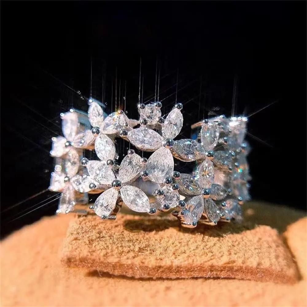 925 Sterling Silver Shiny Full Diamond Ring 18K Gold Flower Cocktail Rings Teardrop Cubic Zirconia Promise Rings CZ Flower Diamond Ring Eternity Engagement Wedding Band Ring  Women Z.2 (US Code 7)