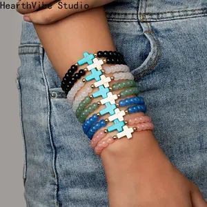 12 Piece Fashion Vintage Colorful Artificial Crystal Beaded Turquoise Cross Pendant Multi-Layer Stackable Bracelet Set Unisex Crystal Bracelets