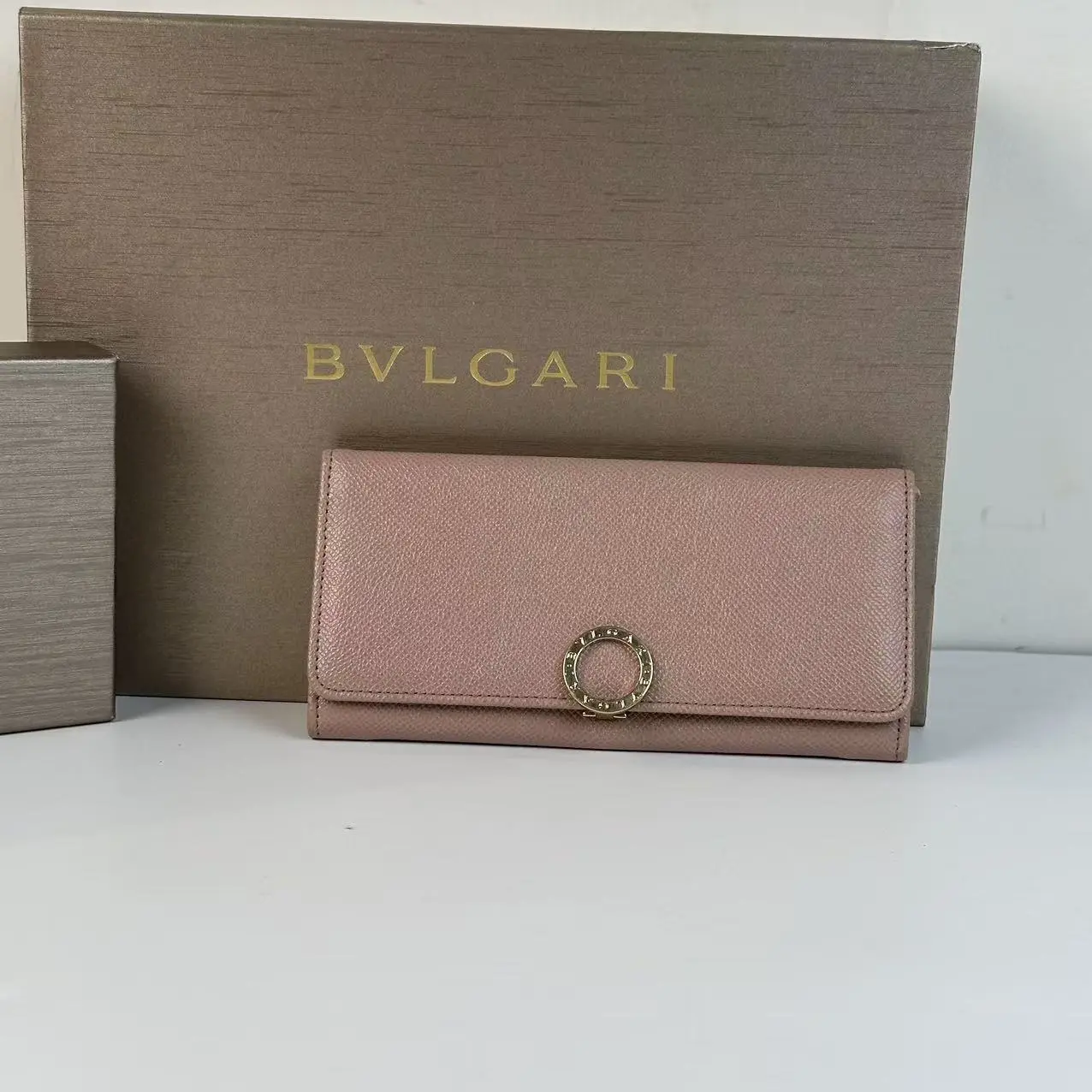 Pre-owned Bvlgari B.Zero1 Leather Long Wallet, Dusty Pink Smooth Calfskin, Crystal Logo Flap Design, B.zero1 Crystal Logo