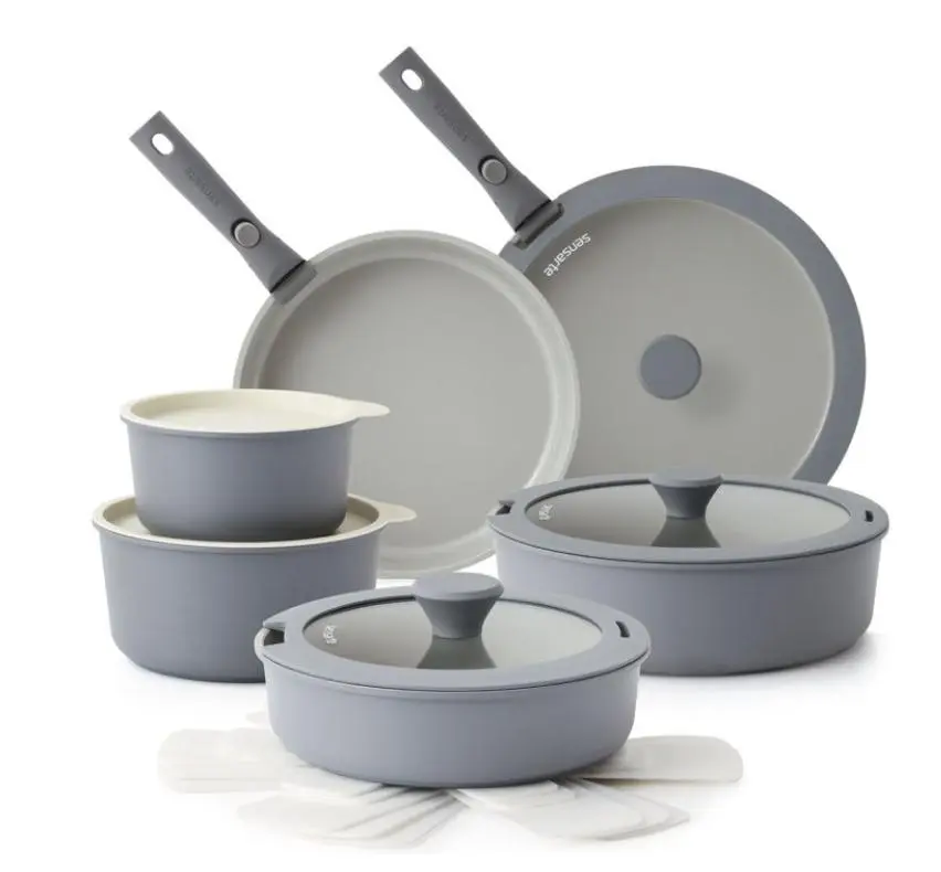 SENSARTE 18-Piece Ceramic Cookware Set with Detachable Handle, Gray Nonstick Pots and Pans Set, Induction Compatible, Dishwasher/Oven Safe, Healthy Cooking Set for RV & Camping