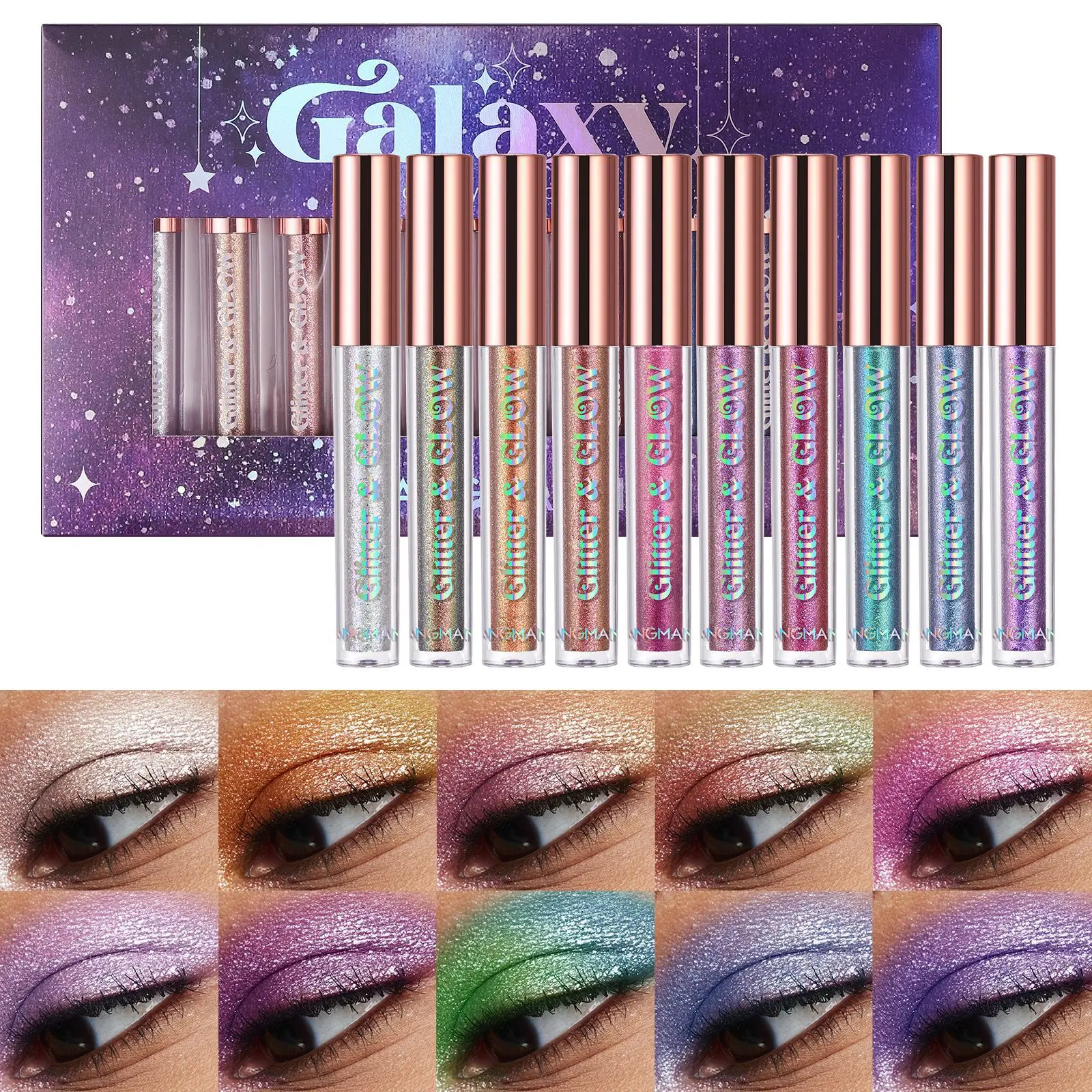 Langmanni Diamond Glow Liquid Eyeshadow 10Pcs Set, Multi-use Waterproof Glitter Eyeshadow for Eyes Lip Face Highlight, Long Lasting Sparkle Eye Makeup