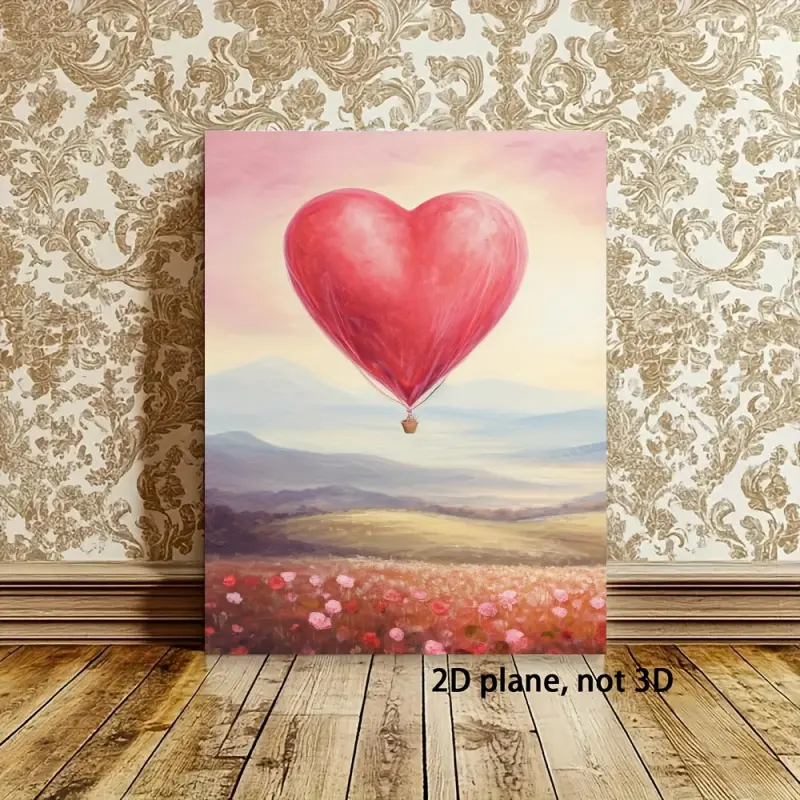 2D Flat, 1 Piece Vintage Framed Canvas Art, Valentine's Day Heart-Shaped Hot Air Balloon Valentine's Day Wall Art Valentine's Day Decoration Romantic Wall Art Valentine's Day Gift for Her Art Print Fun, Inspirational Framed Wall Painting, Home Decoration,