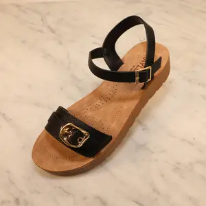 Lady comfort sandal open toe, one strap, buckle design, round toe, ankle strap, with buckle, flat heel