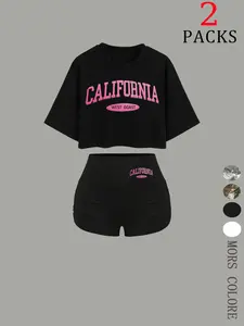 Women's California Print Crop Tee & Skinny Shorts Two-Piece Set, Casual Fashion Cozy Breathable Two Piece Outfits for Daily Outdoor Wear, Ladies Clothes for Summer, Suits