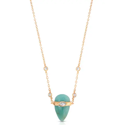 Ettika Turquoise Solstice Necklace 18k Gold Plated Brass Reconstituted Turquoise & Cubic Zirconia 14" Chain with Extender Clasp for Adults