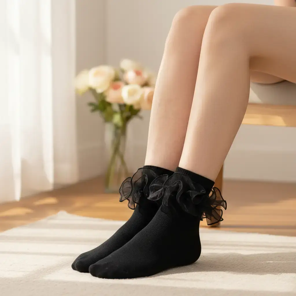 Women's Dress Double-Ruffle Socks Fold-Cuff Cotton Knit Lace1