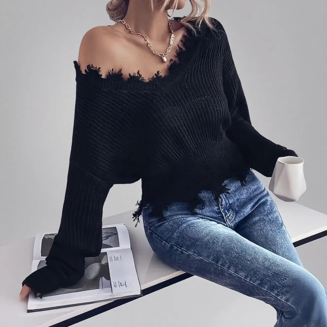 Women's fashion, light and casual sexy outfit, off-shoulder ripped pullover women's knitted wool sweater Knitwear Womenswear