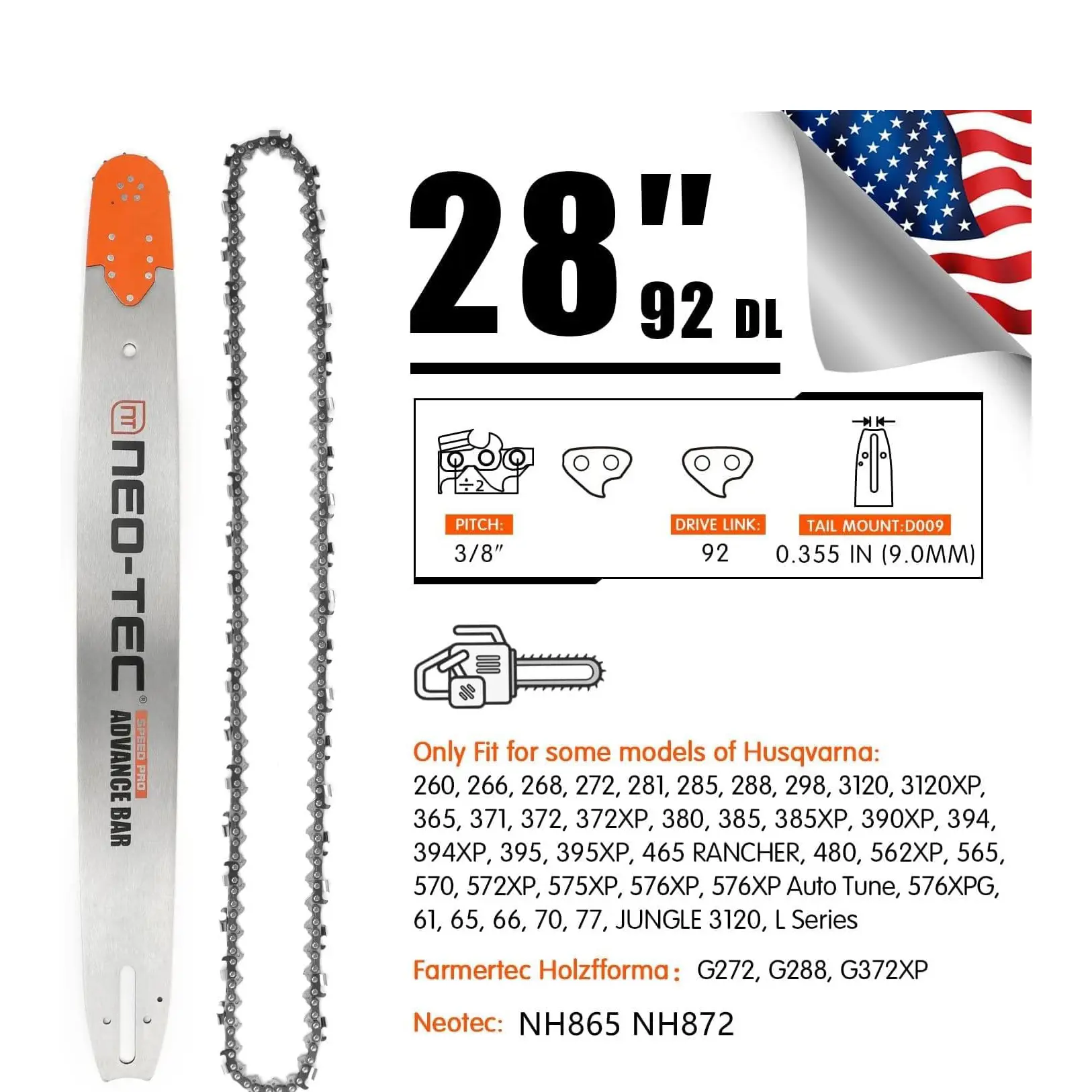 28 Inch Laminated Chainsaw Guide Bar Saw Chain Combo 3/8 Pitch 92DL for Oregon 248RNDD009 Fit for Husqvarna 372XP G372XP NH872