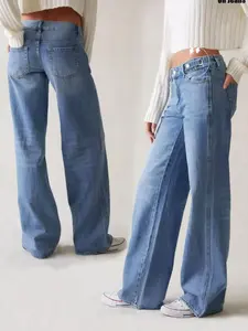 Women's Plain Button Fly Design Jeans, Casual Pocket Design Denim Trousers for Daily Wear, Ladies Bottoms for All Seasons, Basic Bottoms