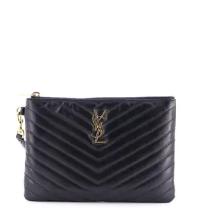 Pre-owned Yves Saint Laurent Leather Clutches & Wristlets Saint Laurent Classic Monogram Wristlet Pouch Matelasse Chevron Small by Rebag