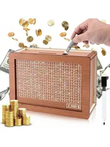 1pc MONEYBOX - Save up to $3,000, Wooden Cash Saving Box, Money Storage Organizer, Cash/Coin 2-Sided Piggy Bank, Handcrafted Money Jar, Natural Wood Material Box