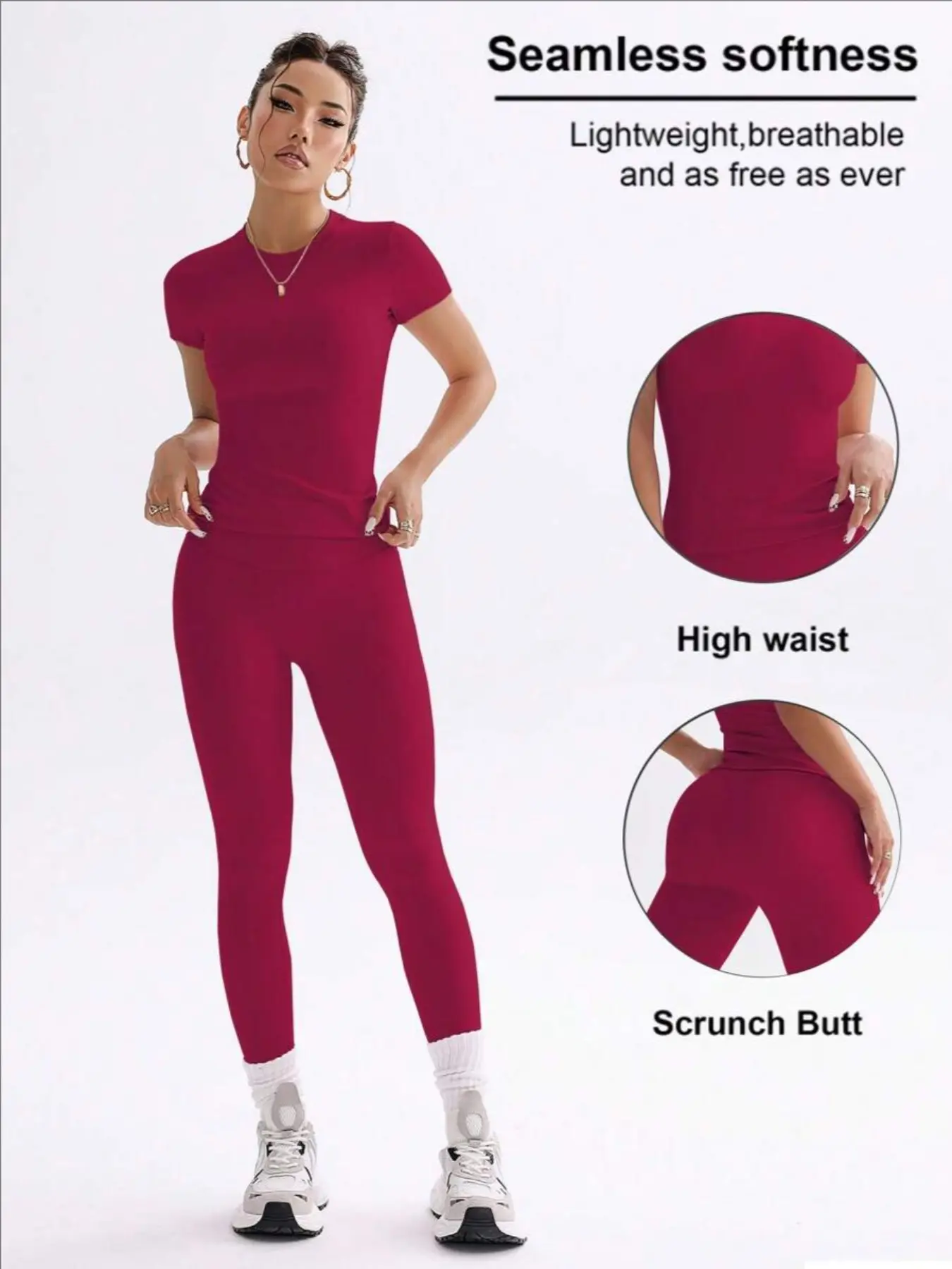 Women's Slim Fit Round Neck Top & High Waist Pants Set, Elastic Nylon Fabric, Casual All Season, Dance Yoga Running Gym Wear, Seamless Yoga Set, High Waist Activewear