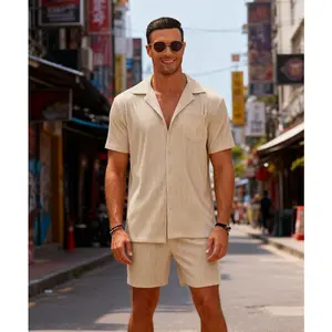 Men's 2-Piece Short Set - Olive Green Casual Button Down Shirt & Shorts - Summer Fashion Beach Outfit - Machine Washable & Breathable Fabric