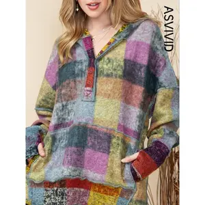 Women’s plaid print half-button thumbhole drop-shoulder hoodie, retro casual long-sleeve kangaroo pocket hooded sweatshirt for fall and winter, fashionable ladies’ top for everyday wear