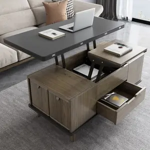 Guyii 3-in-1 Lift Top Coffee Table with Wheels Hidden Storage & 4 Stools Multi-Functional Expandable Table for Living Room Dining Home Office Grey-Brown Foldable Design Modern Minimal Aesthetic
