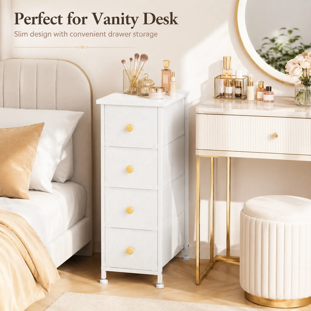 Narrow 4 Drawer Dresser, Slim Storage Cabinet for Bathroom and Bedroom, Space Saving Chest of Drawers for Vanity Desk, Nightstand or Office, White