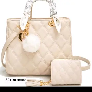 VAGAN Quilted White Tote Bag with Pom-Pom Charm and Gold Hardware - Stylish and Functional Handbag for Everyday Use