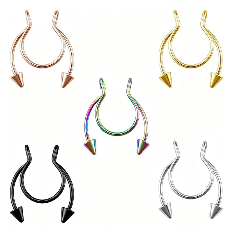 Women's 5-Color Set No-Piercing Stainless Steel Conical Tip Fake Septum Nose Cuff, Adjustable Skin-Friendly Clip-On Nose Ring, Body Jewelry for Daily Street Wear & Parties