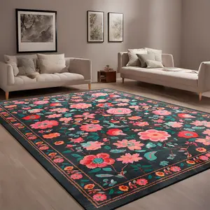 RUNIA Floral Vintage Rugs for Living Room Bedroom Dining Room Washable Non-Slip Low Pile Carpet Home Decor Soft Flannel TPR Rubber Backing Kid & Pet Approved