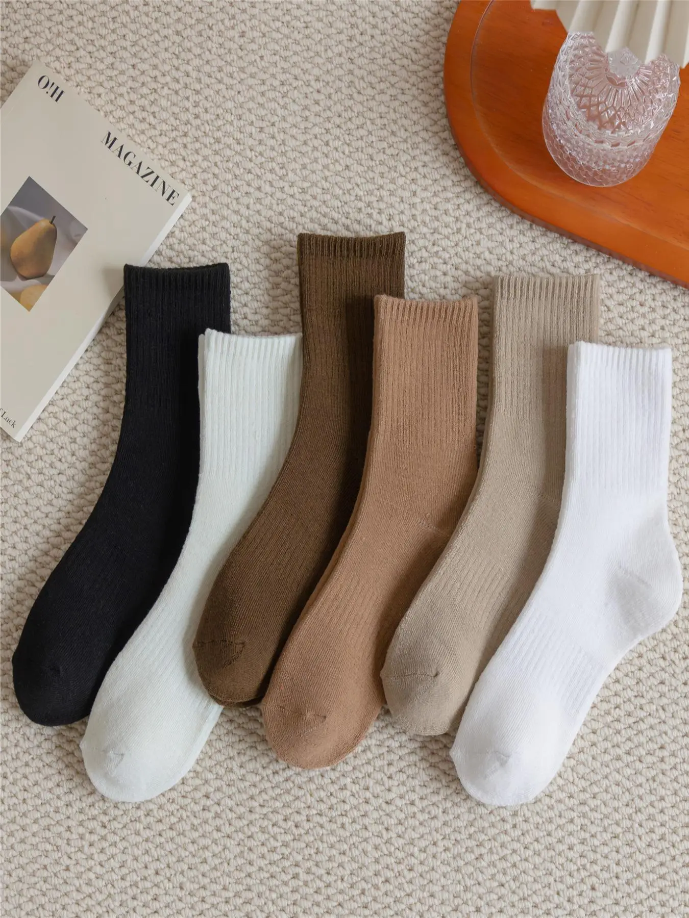 Women's 6 Pairs Solid Crew Socks, Casual Fashion Basic Comfortable Breathable Anti-slip Mid-calf Socks for Daily Wear, Lady Socks & Hosiery, Ankle Sto