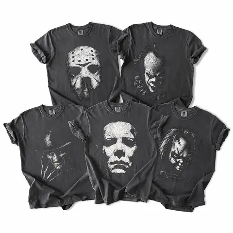 Comfort Colors Retro Horror Movie Characters Halloween Shirts, Matching Halloween Party Tees, Group Tees