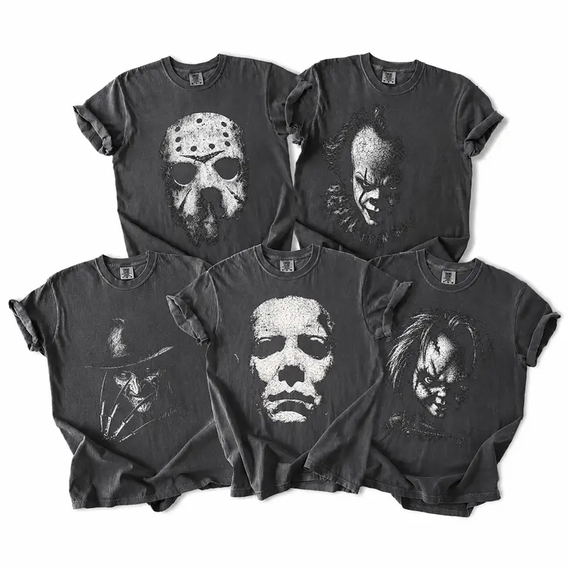 Comfort Colors Retro Horror Movie Characters Halloween Shirts, Matching Halloween Party Tees, Group Tees