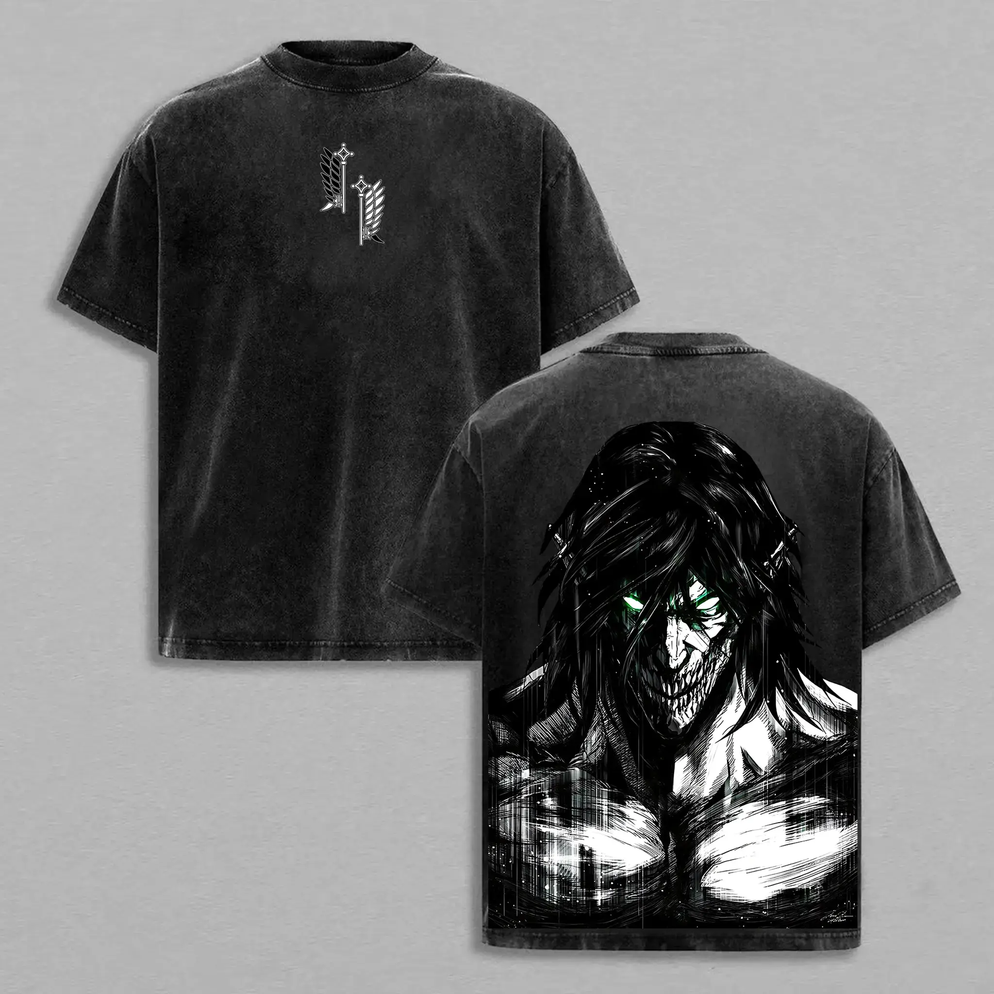 Retro Heavy Eren Yeager x Attack On Titan Ver 2 Anime Double Printed Men's Vintage Tee Washed Unisex Oversize Anime Manga Washed Heavyweight Cotton T-shirt, Anime Gift For Him