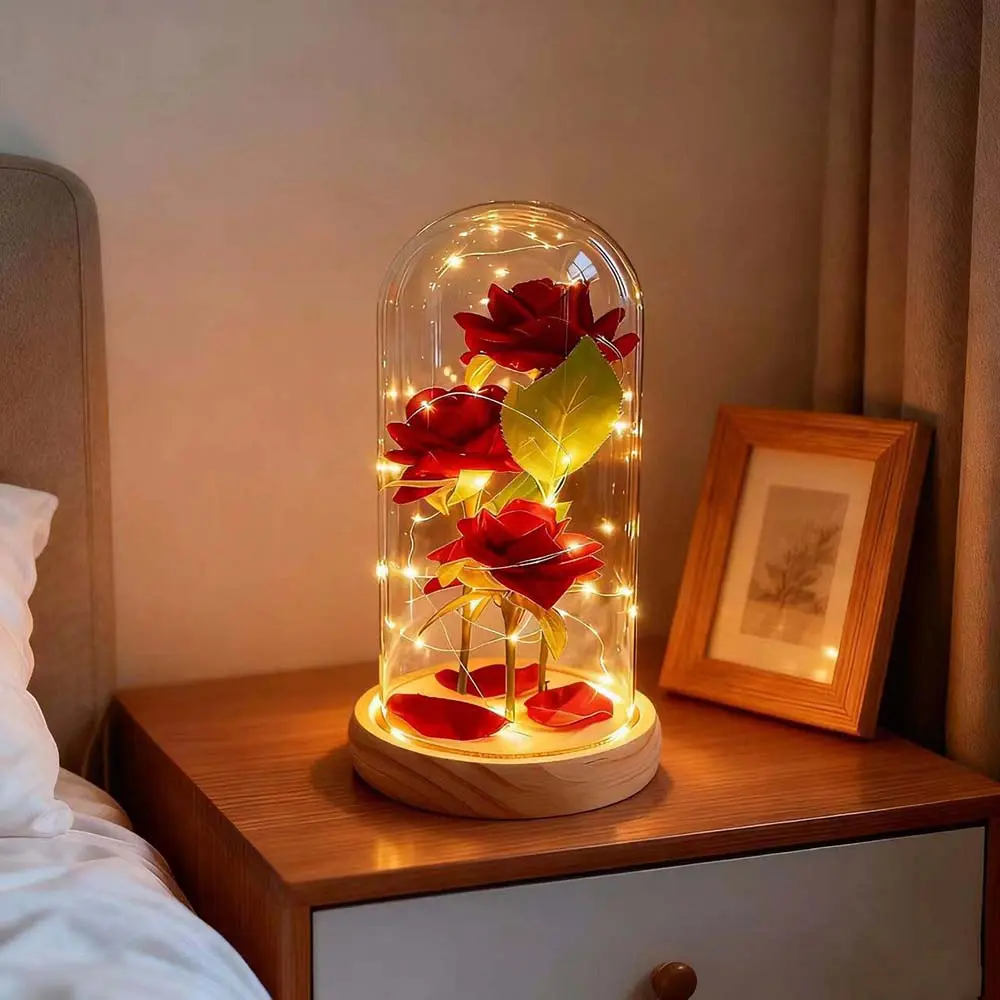 Red Silk Rose with LED-Lighted Wood Pine Base in Glass Dome, LED Decoration Lamp, Mood Lighting, Natural Look Adult Romantic Home Decor, Mother’s Day Gift