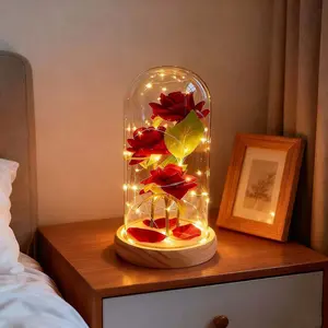 Red Rose Silk Rose in Glass Dome with LED Lights Pine Base Romantic Home Decor Gifts for Mom Women Valentines Day Christmas Mothers Day Wedding Anniversary Birthday