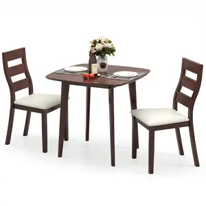 COSTWAY - 3-Piece Dining Table Set with Wooden Square Kitchen Table and 2 Chairs-Walnut