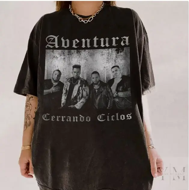 "2024 Aventura Tour Concert Graphic T-Shirt: Commemorate the Aventura Tour with This Stylish Unisex Garment-Dyed Tee. Perfect for Bachata Fans and Those Excited to Close Cycles! Get Your Merch Now!"