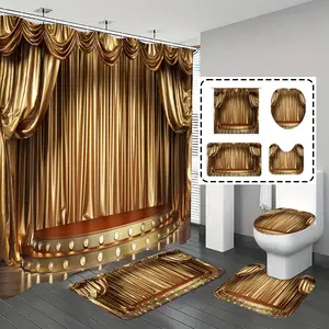 1pc/4pcs, bathroom curtains shower, bathroom set, shower curtains, bathroom decor, Bathroom Decoration Accessories, bathroom rug, home decoration, bathroom mat, golden curtain pattern, simple luxurious decoration, with 12 hooks, Shower Curtain Sets