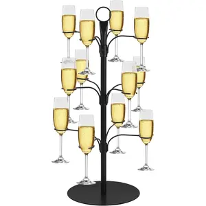 Cocktail Tree Stand for Drinks Champagne Tower Wine Glasses Holder, 3 Tier 12 Holders, Bar Home Drinks Tree Display Suitable for Gin, Cocktails, Champagne, Wine, Black