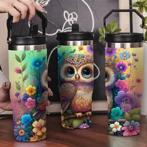 30oz Stainless Steel Insulated Tumbler with Leak-Proof Lid & Portable Handle - Owl wearing a wreath perched among flowers pattern,Long-Lasting Hot/Cold Insulation,Perfect for Car,Office,Travel and Birthday Gifts, Travel Drinkware,Horse Drink Water Bottles