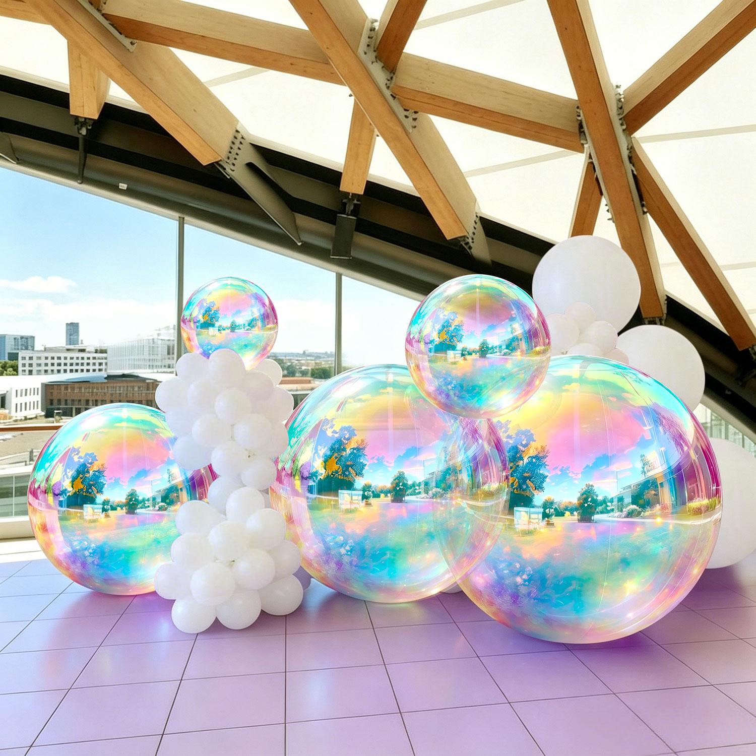 5 PCS Reflective Iridescent Silver Metallic Inflatable Mirror Ball Balloons Set with Pump - Reusable Giant PVC Spheres, Lightweight Party Decor for Festival, Outdoor Garden Home Supplies