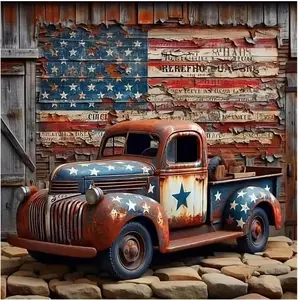 Stamped Cross Stitch Kits for Adults - Truck American Flag Embroidery Kits for Beginners Adults,11 CT Patterns Dimensions Counted Cross Stitch Kits for Arts Craft Kits 14X 14 inch