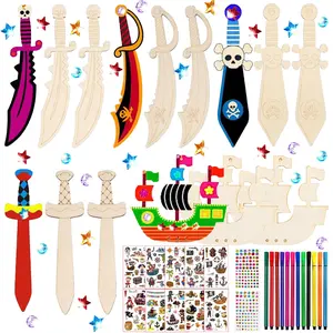 231 Piece Pirate Theme Wooden Craft Kit, Creative Craft Kit, Crafting Kit, Craft Figurine, Kids Wood Crafts Set, Painting Set with 15 Woods, 12 Pens, 202 Decorative Gems, DIY Art Supplies