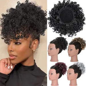 Afro Puff Pineapple Bun Hairpiece Kinky Curly Drawstring Ponytail with Bangs Hair Extensions