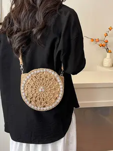 2025 New Style Fashion Beach Small Round Bag, Woven Straw Bag for Women Single-Shoulder Bag, Crossbody Bag, Versatile, Vacation Beach Casual, Ethnic Style Women's Bag