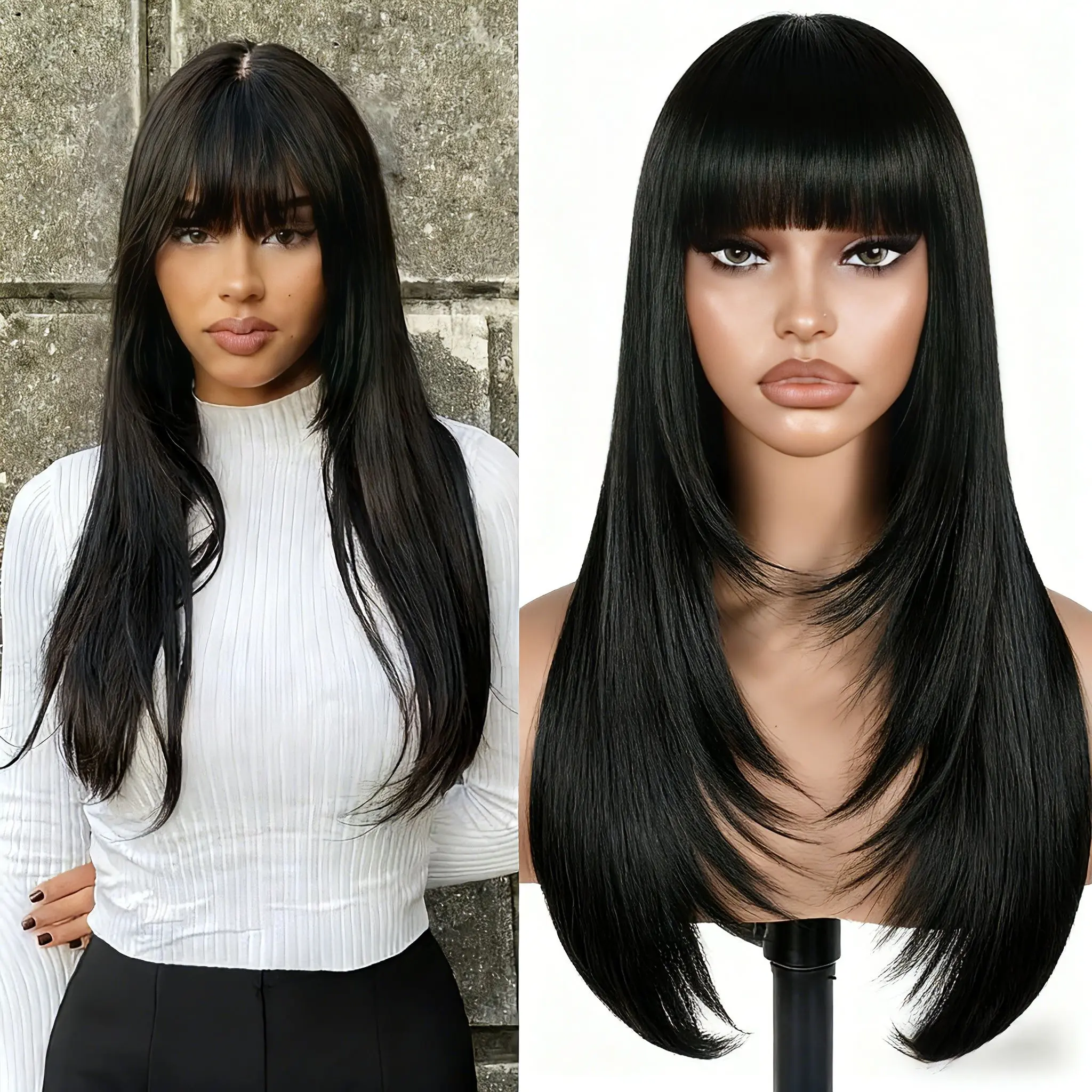 Lush Haute Straight Layered Wig with Bangs Glueless Natural Black Synthetic Bangs Wig 24 Inch Put On and Go Wigs High Temperature Fiber Layered Wig for Women Daily Use