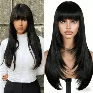 Straight Layered Wig with Bangs Glueless Natural Black Synthetic Bangs Wig 24 Inch Put On and Go Wigs High Temperature Fiber Layered Wig for Women Daily Use