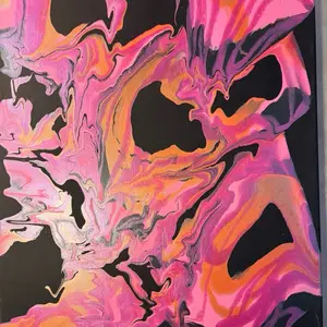 The Pink Monkey Skull Acrylic Pour Painting 16 x 20" Canvas Black Background with Pink Orange Peach Silver Grey Shimmer Unique Art Abstract Gift