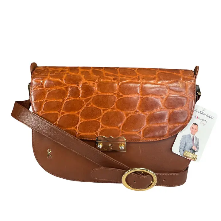 Pre-owned Roberta di Camerino Leather Crossbody Bags Croc Embossed Brown GHW Shoulder Flap Purse