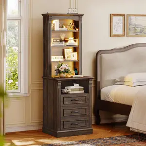 SIKAIC 61-Inch Tall Bedside Nightstands, Walnut Modern Wood Table with Drawer, Charging Station & LED Light for Bedroom Storage Furniture