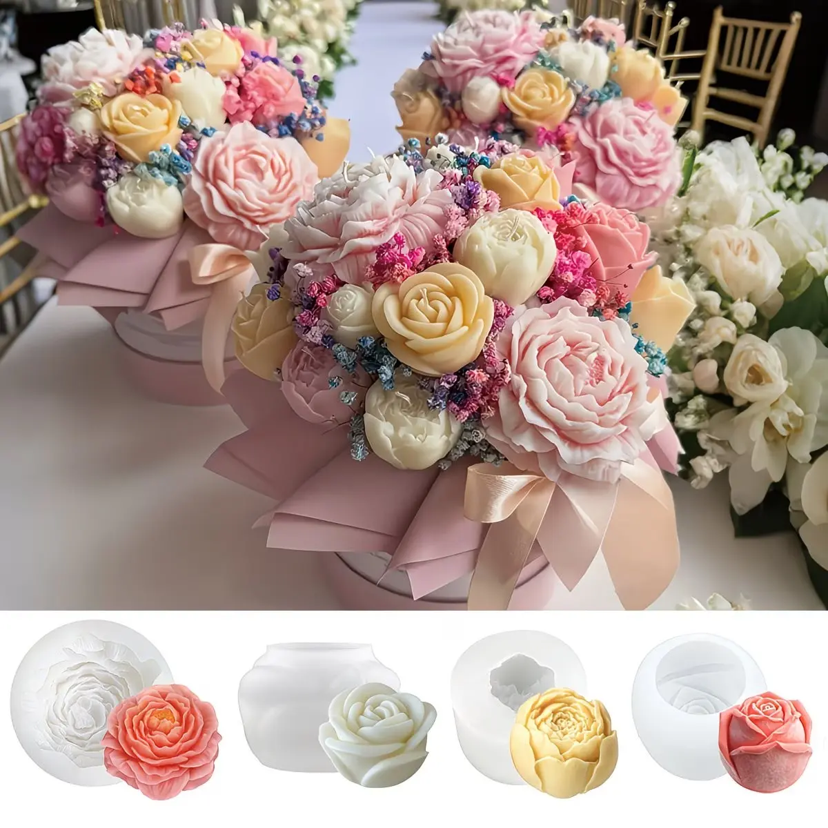 Floral Silicone Molds Set of 4, Includes Peony Rose Bud Flower Patterns, Ideal for Candle Resin Soap Gypsum Crafts, Home Decor Wedding Gifts