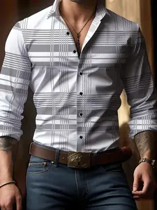 Men's Classic Fashion Elegant Plaid Checked Fitted Long Sleeve Shirt, Showcasing British Style, Business Casual Checkered Series, Long Sleeve Single-Breasted Lapel Shirt, Suitable For All Seasons, Comfortable And Versatile All Day, Menswear