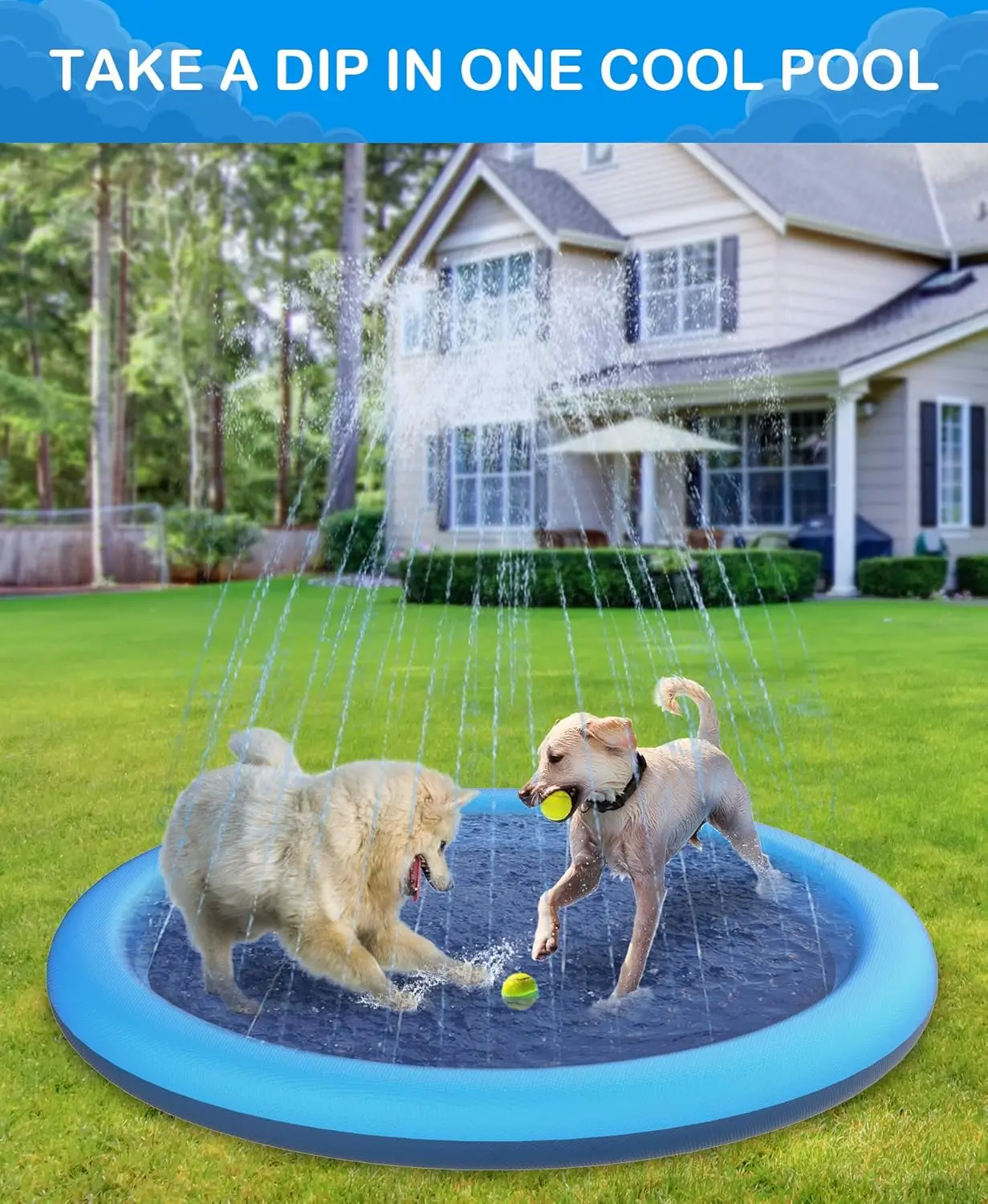 Dog Splash Pad 59" Anti-Slip Dog Pools for Large Dogs Dog Sprinkler Water Toy summerwins
