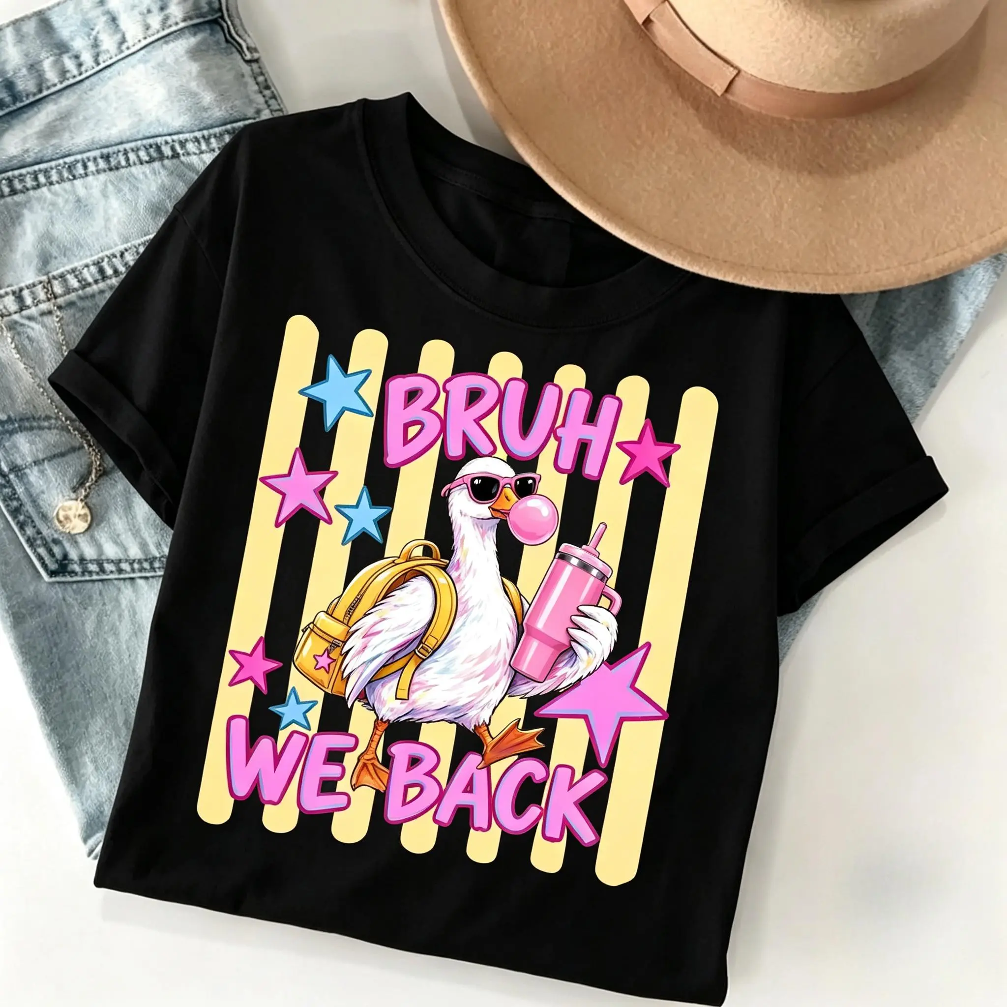 Bruh We Back Goose T-Shirt, Back To School Goose Shirt, Funny Goose With Backpack, Bubble Gum Goose, School Shirt, Teacher Student Gift For Her, Cotton Fabric Top Womenswear