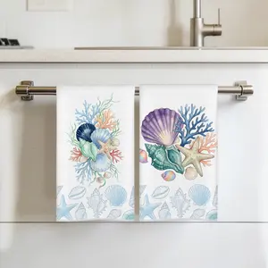 2pcs Ocean Shell Coral Theme Microfiber Kitchen Towels, 2pcs (40x60cm), Single-Sided Print, Dish Drying, Bathroom Hand Wiping, Party Decor